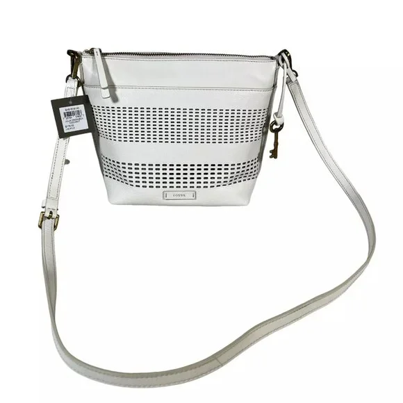 Fossil Womens Coconut White Cow Hide Leather Rectangle Julia Crossbody Handbag - Picture 4 of 16